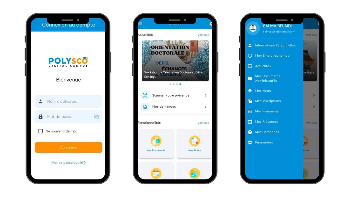 Trois écrans de l'application mobile POLYSCO : connexion, accueil avec actualités et scan de présence, menu de l'étudiant
